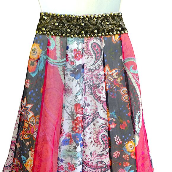 SiLK Haute Hippie Wide Leg Pants Heavy Beaded Waist Side Zip Patchwork Lined 8 - Picture 5 of 13